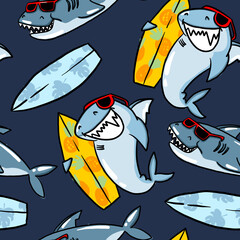 Seamless pattern with cartoon shark with sunglasses and surf. Background for textile, fabric, stationery, clothes, socks, web and other designs.