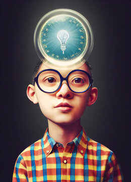 Poster with talented little genius child to illustrate gifted education, with smart and scientific looking child, glasses and shirt, 3d illustration