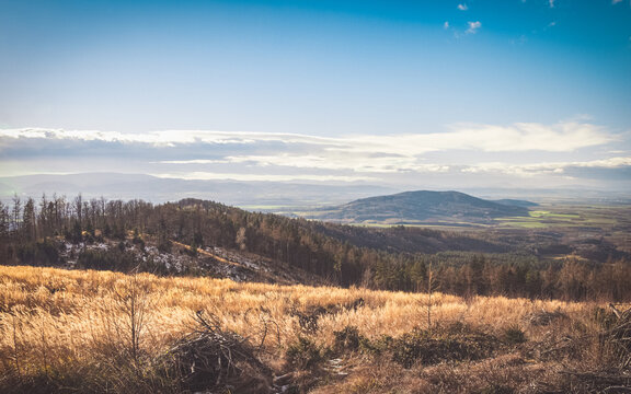 Autumn First snow mountains Ślęża Radunia view Lower silesia voivodeshop

