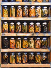 Pickled Jars on a shelf  with illustrative look.