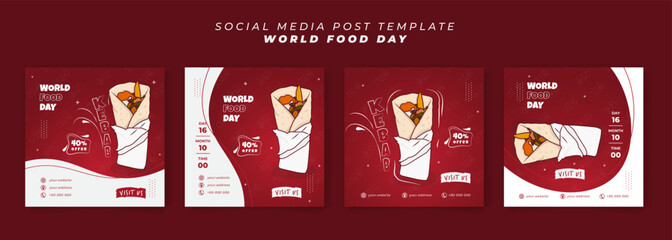 Set of social media post template in red white background with kebab food for world food day design