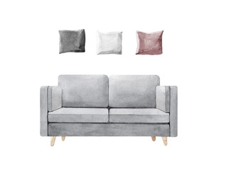 Hand drawn watercolor illustration of  modern gray minimalist sofa and pillows. Cosy home decor items. Isolated objects on transparent background.