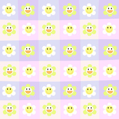 Smiley faces and flowers, trippy seamless pattern. Chess grid. smiley faces and flowers background design. illustration vector 10 eps.
