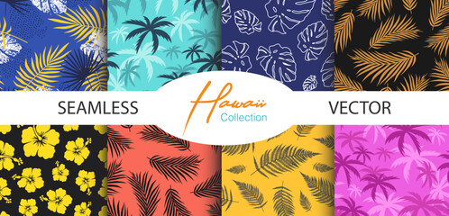 Hawaiian Seamless Pattern Colelction. Boho Bali Style. Flowers Palms Leaves and Monstera. Exotic Tropical Vibes. - obrazy, fototapety, plakaty
