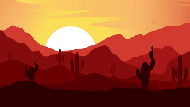 Animated exotic landscape. African desert. Sands and mountains. Silhouette. Natural background, banner for web, internet site. Tourism and travelling. Vector flat design. 2D video


