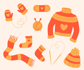 Winter knit clothes. Knitting threads and knitting needles. Winter clothes collection. Cute and warm garment. Vector