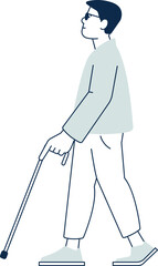 Sightless young man with walking cane. Blind person