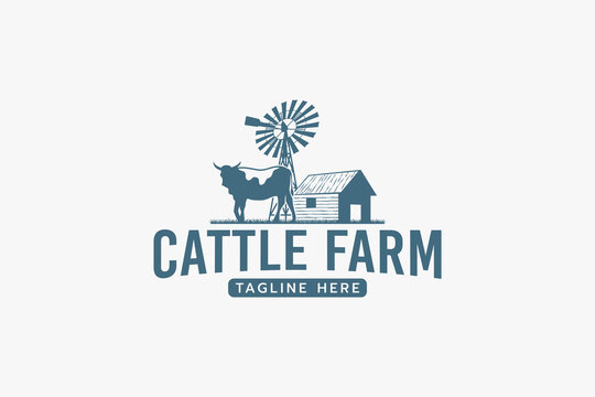 cattle farm logo with a combination of a cow, field, barn, and windmill.