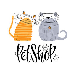 Pet Shop logo. Domestic Cat and dog linear icons. Hand written Calligraphy Lettering Template advertising, signboard, logotype, banner, card, print, poster. Vector lettering typography poster