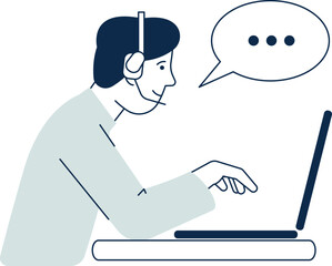 Man talking on headset. Working male person with laptop