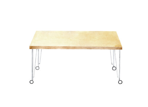 Watercolor wooden desk on wheels isolated on a transparent background. Hand painted illustration.