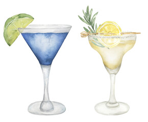 Watercolor hand drawn cocktail illustration set. Beverages clipart for menu, card, postcard, banner, poster. Food and drink print