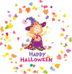 Happy little Halloween witch showing tricks with her magic wand and swirling colorful leaves, vector cartoon greeting card