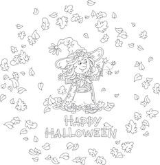 Happy little Halloween witch showing tricks with her magic wand and swirling autumn leaves, black and white vector cartoon greeting card