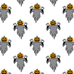 color spooky pumpkin ghost on white background seamless pattern