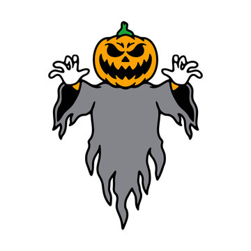 color spooky pumpkin ghost on white background 