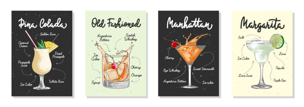 Set of 4 advertising recipe lists with alcoholic drinks and ingredients, cocktails and beverages lettering posters, wall decoration, prints, menu design. Hand drawn vector engraved sketches.