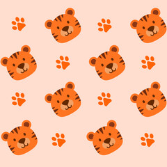 tiger seamless vector pattern, cute tiger head, paw prints, for fabric childish pattern