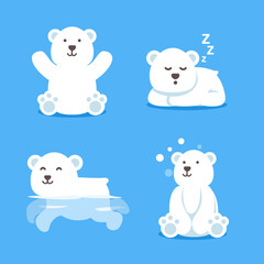 collection of polar bear vector illustrations in various poses. isolated in blue background