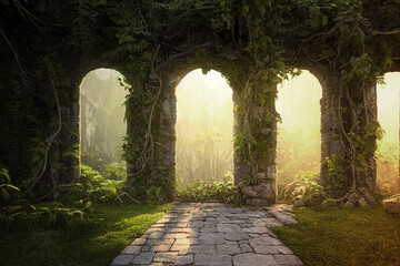 森, 木, 自然, 風景, かすみ, 霧, 夜明け, 木の葉,廃墟,廃れた,荒廃,森の中の建物,ファンタジー,冒険, forest, Nature, Scenery, Haze, Fog, Dawn, Foliage, Ruins, dilapidated, desolation, building in the woods, fantasy, adventure