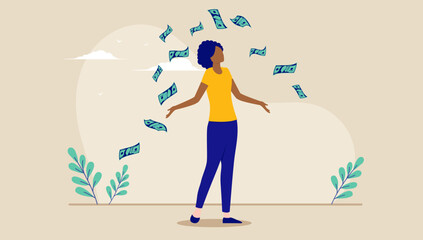 Black woman making money - Female person standing with arms out while money is falling from the sky. Financial success concept. Flat design vector illustration