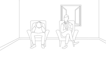 Line art of Psychiatrist sitting in armchair beside stressful patient and asking questions.