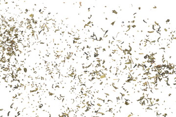 Dry green tea leaves isolated on white background, top view