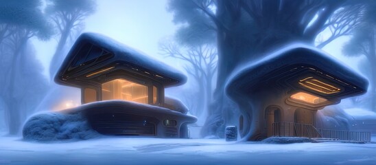Fantasy winter tree house in the snow, cold, abstract fantasy landscape, trees, snowdrifts, snow, capsule house. 3D illustration