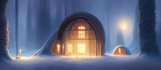 Fototapeta premium Fantasy winter tree house in the snow, cold, abstract fantasy landscape, trees, snowdrifts, snow, capsule house. 3D illustration