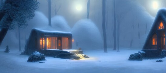 Fantasy winter tree house in the snow, cold, abstract fantasy landscape, trees, snowdrifts, snow, capsule house. 3D illustration