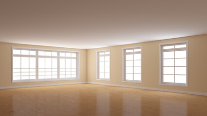 Empty Interior with Beige Walls, Four Windows, Light Glossy Parquet Floor and a White Plinth. Room with Perspective View. Corner of the Room. 3D Render with a Work Path on the Windows. 8K Ultra HD