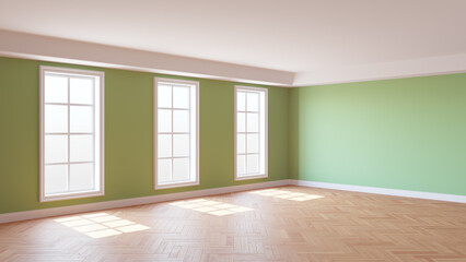 Obraz premium Corner of the Sunny Interior with Green Walls, Three Large Windows, White Ceiling and Cornice, Glossy Herringbone Parquet Flooring and a White Plinth. 3D Rendering. Ultra HD 8K 7680x4320, 300 dpi