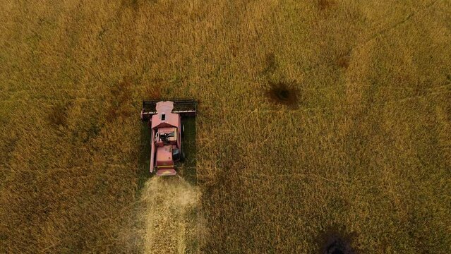Aerial view of wheat harvest field with shell explosion crater. Drone shot flying over combine harvester working on wheat field. Food crisis. War in Ukraine. World food shortage