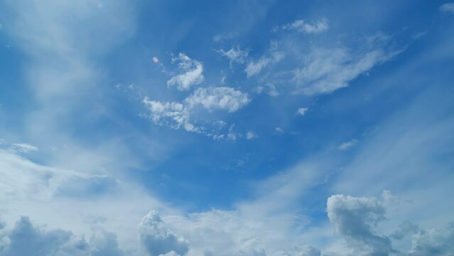 Beautiful cirrus and cumulus clouds visible in blue sky. Translucent cirrus spindrift clouds high up. Timelapse.