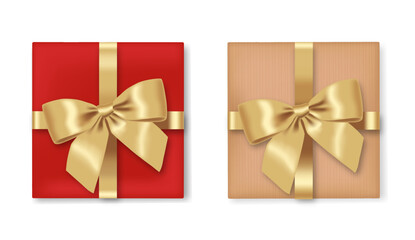 Christmas gift, realistic box and bow, isolated ribbon, happy holiday, merry christmas, gift set white background vector illustration
