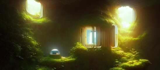Fantasy tree house, abstract fantasy landscape, trees, grass, capsule house. 3D illustration