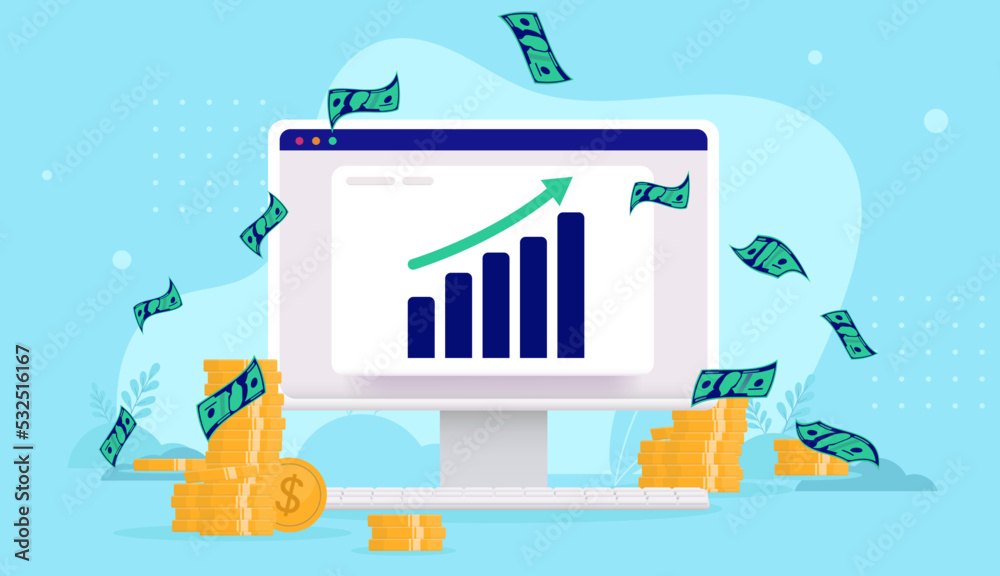 Poster Making money online - Computer with chart and green arrow pointing up towards financial growth and success. Vector illustration