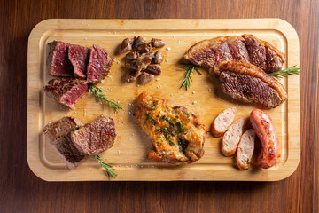 Picanha, traditional cut of Brazilian meat, chicken hearts , boneless chicken thigh and sausage...
