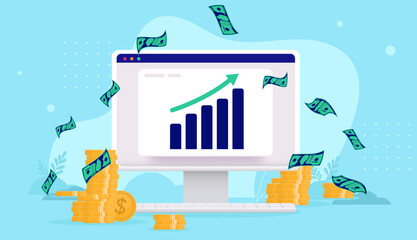Obraz premium Making money online - Computer with chart and green arrow pointing up towards financial growth and success. Vector illustration