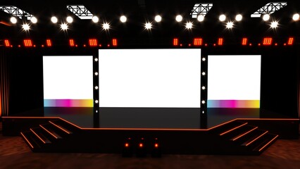 Conference Stage Designs. Meeting event scene, party scene design. Empty stage design for mockup and corporate identity, display. Platform elements in hall. 	