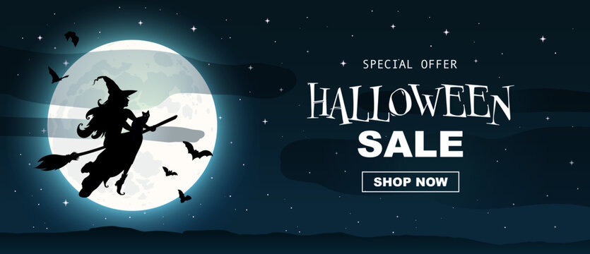 Halloween promo sale banner. Silhouette of a witch flying on a broomstick across full moon, bats, clouds. Template for vouchers, offers, coupons, holiday sales, Halloween discounts