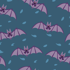 Bat in purple color. Seamless pattern illustration. Blue background. Wallpaper element. Random square pattern.