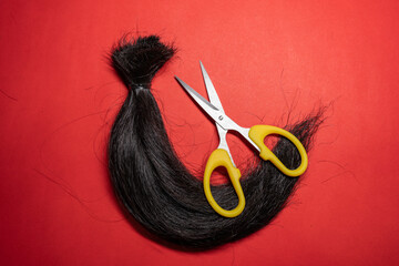 A lock of hair and scissors - obrazy, fototapety, plakaty