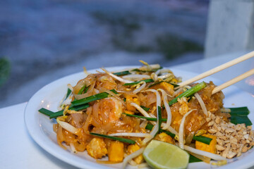 Eating Popular Thai Food Pad Thai With Sticks