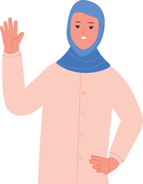 Muslim Girl Waving Hand. Goodbye Gesture