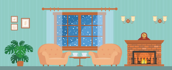 Fireplace, two cozy armchairs and window in interior. Home interior concept. Cartoon flat style. Vector illustration