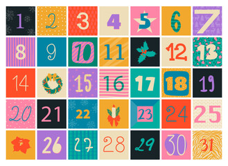 Set of cute colorful numbers from 1 to 31 for advent calendar. Vector isolated elements for design.
