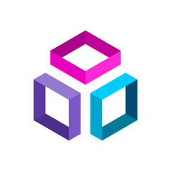 Three colorful cube frames. Business technology app logo template. Isometric 3D projection shapes. Pieces of a puzzle. Pink, blue, purple geometric boxes make a unity. Vector illustration, clip art. 