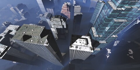 City view from above, skyscrapers from a bird's eye view, modern buildings in the rays of the morning sun aerial view, 3d rendering