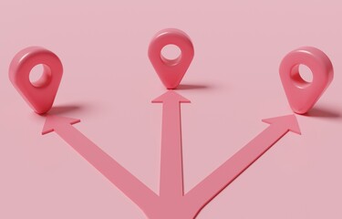 Split arrow to map pin icon, business expansion, open company branches to cover expanded customer area concept, 3d render illustration. - obrazy, fototapety, plakaty
